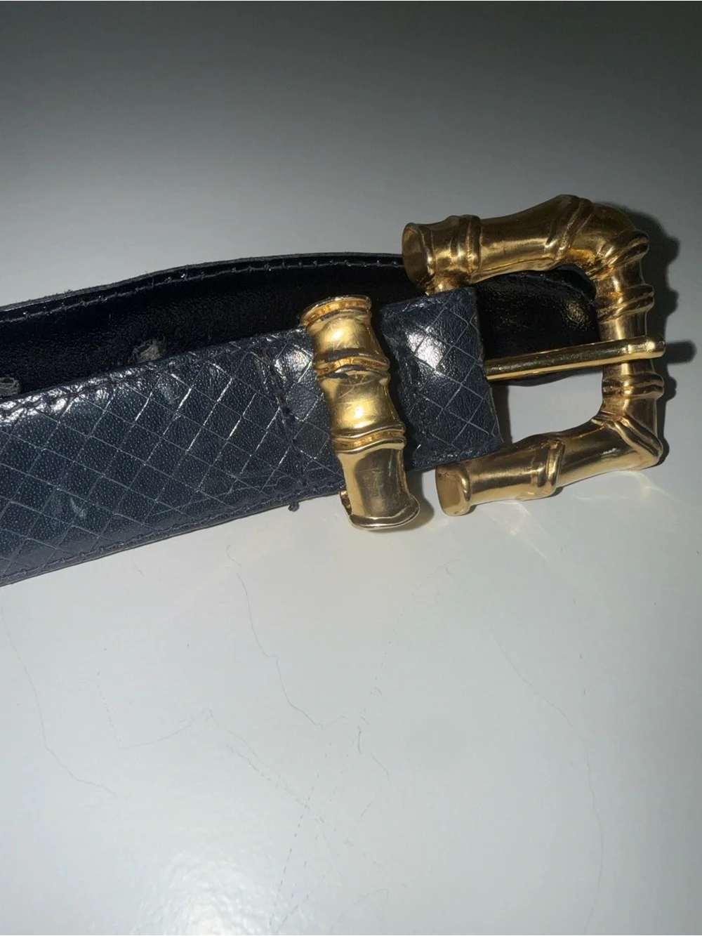 Talbots Italian Black Reptile Embossed Leather Belt with Gold Bamboo Buckle